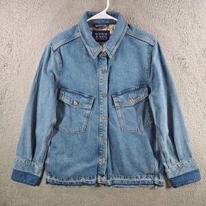 Scotch & Soda Amsterdam Blue Denim Shirt Jacket Raw Hem Sz S Women Cotton Tencel